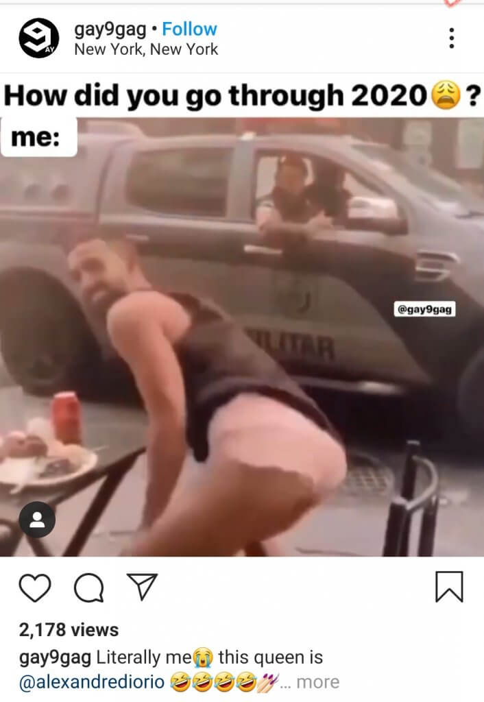 one popular gay meme showing a queer man twerking as a seemingly straight man looks at him